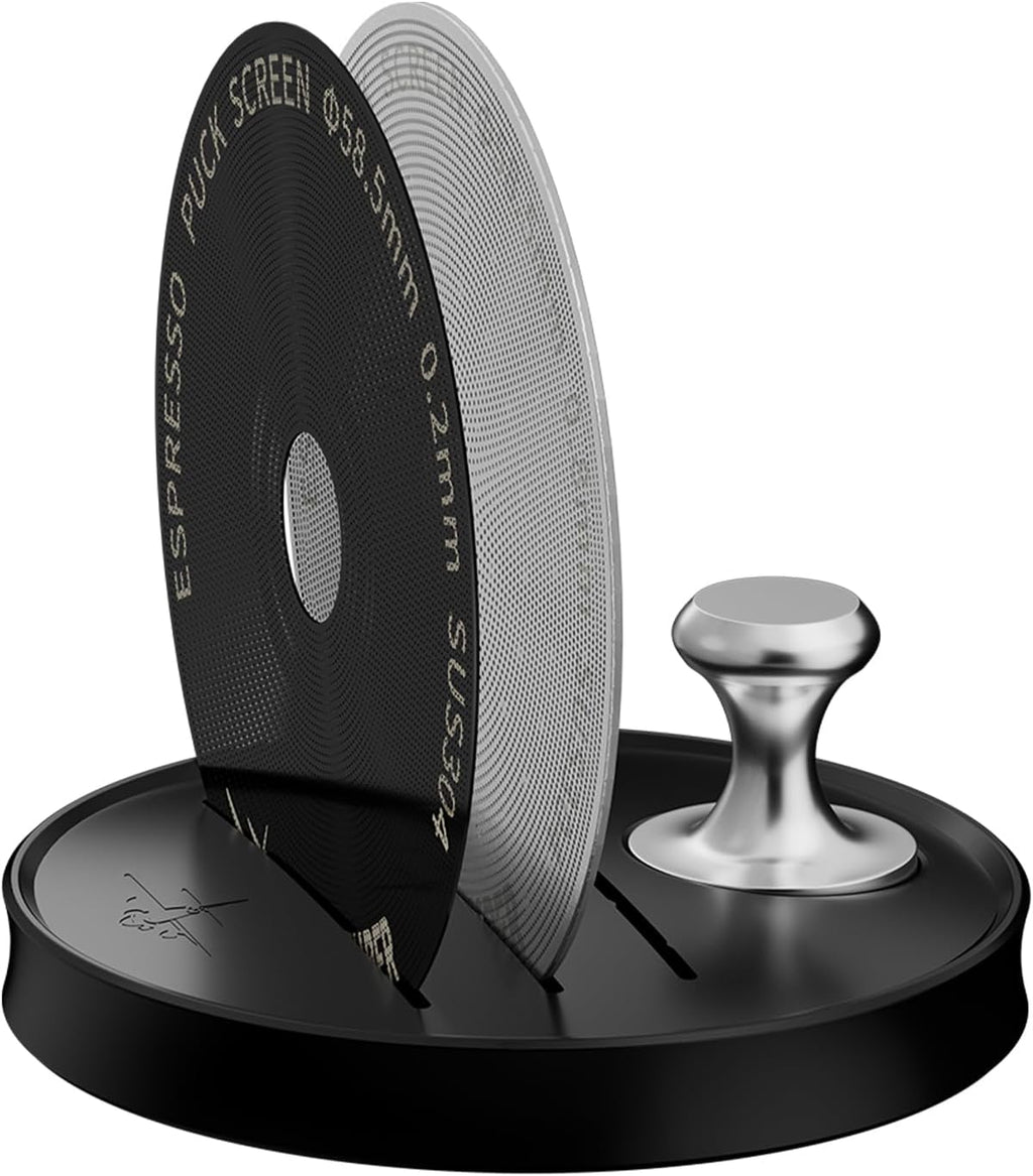 MHW-3BOMBER 58mm Espresso Puck Screen - 0.2mm Ultra Thin Espresso Puck with Round Hole - Metal Reusable Coffee Filter for Portafilter Basket 58mm - Puck Screen with Stand 3 Pack FG7054-OS