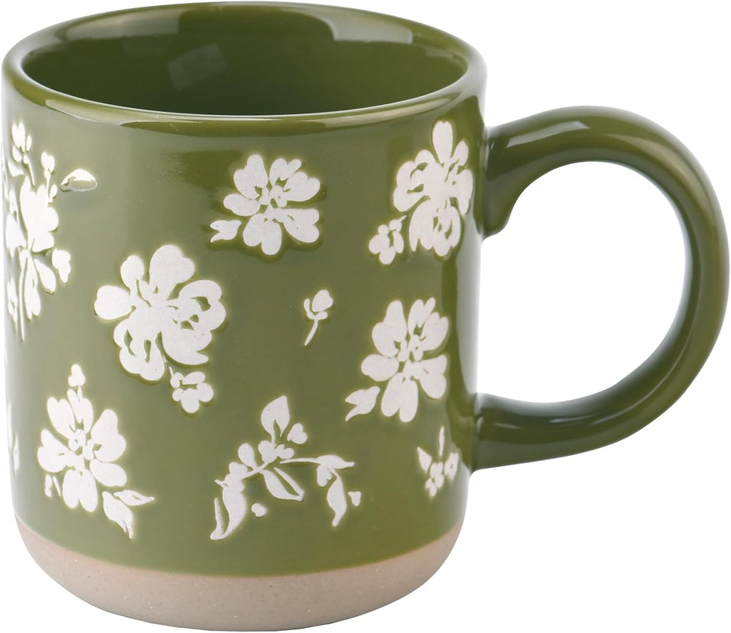 Sweet Water Decor Green Floral Stoneware Coffee Mugs - 14oz Cute Coffee Mugs for Hot & Cold Drinks - Dishwasher & Microwave Safe - Spring Home Decor and Gift - Ideal Tea & Espresso Mugs