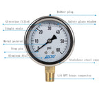 Pressure Gauge,Glycerin Liquid Filled,2.5" Dia,0-60 psi(Single Scale),1/4" NPT Brass Connection,Lower Mount, Stainless Steel Case,for Pneumatic,Pump,Hose,Well Tank,Gas Air Water Oil