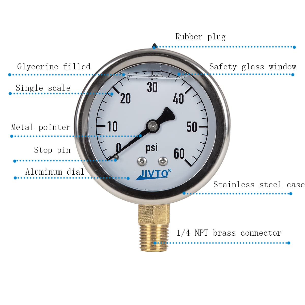 Pressure Gauge,Glycerin Liquid Filled,2.5" Dia,0-60 psi(Single Scale),1/4" NPT Brass Connection,Lower Mount, Stainless Steel Case,for Pneumatic,Pump,Hose,Well Tank,Gas Air Water Oil