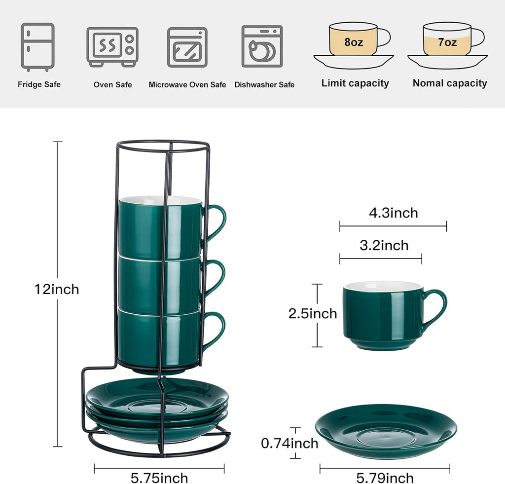 YOLIFE 8oz Porcelain Stackable Cappuccino Cups with Saucers and Metal Stand Set of 4, Coffee cups for Espresso, Specialty Coffee Drinks, Latte, Americano and Tea - Green
