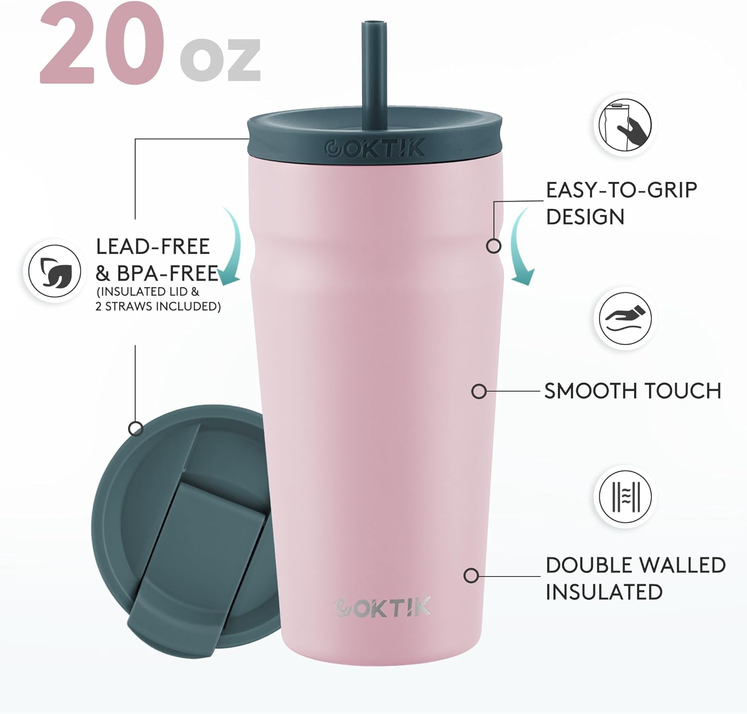 COKTIK 20oz Insulated Tumbler with Lid and Straw 2 Lids (Straw/Flip) Iced Coffee Cup Reusable Stainless Steel Travel Mug Water Bottle Cupholder Friendly for Women Men Her Him (Blush)