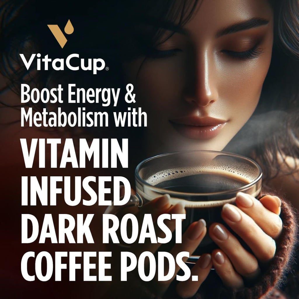 VitaCup Energy Dark Roast Coffee Pods, Boost Focus & Metabolism, Antioxidants, B Vitamins, Bold & Smooth,100% Arabica Coffee, Recyclable Single Serve Pod Compatible with Keurig K-Cup Brewers,32 Ct