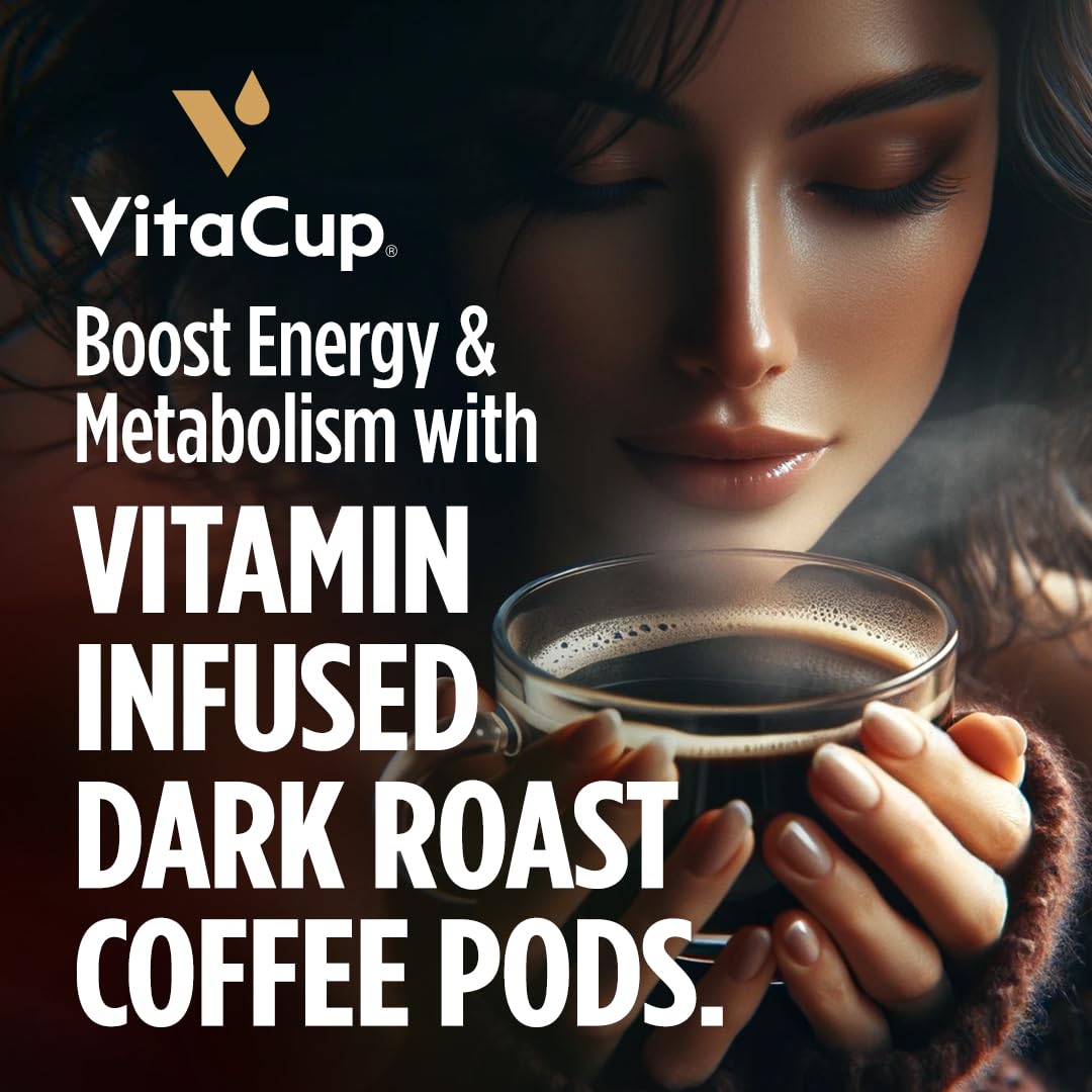 VitaCup Energy Dark Roast Coffee Pods, Boost Focus & Metabolism, Antioxidants, B Vitamins, Bold & Smooth,100% Arabica Coffee, Recyclable Single Serve Pod Compatible with Keurig K-Cup Brewers,16 Ct
