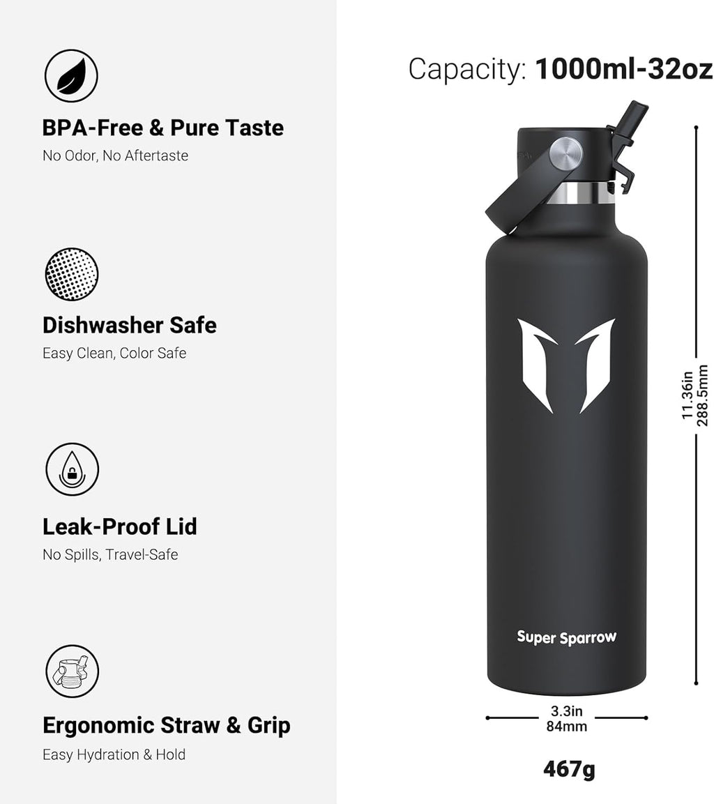 Super Sparrow Insulated Water Bottle - 17 Oz / 25 Oz / 32 Oz - Standard Mouth FlipFlow Flask - BPA Free, Leak Proof Drink Bottle- Ergonomic Straw Water Bottles for Work, Gym, Travel, Sports