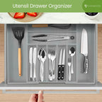 Purawood Bamboo Drawer Organizer - Expandable Silverware Organizer & Utensil Organizer, Cutlery Tray with Dividers, 7-9 Slots - Premium Kitchen Drawer Organizer for Utensils & Flatware (Grey)