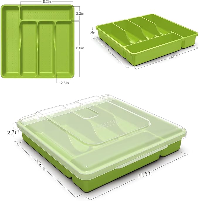 Silverware Organizer with Cover, Portable Cutlery Holder Flatware Tray with Lid Plastic Silverware Storage Box (Green)