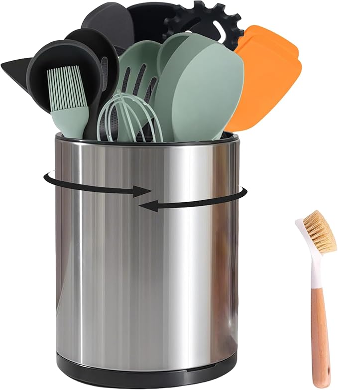 Kitchen Utensil Holder - 360° Rotating Stainless Steel Countertop Organizer (with Cleaning Brush) for Spoons, Spatulas & Cutlery Storage, Cooking Silverware Caddy with Removable Base, Silvery