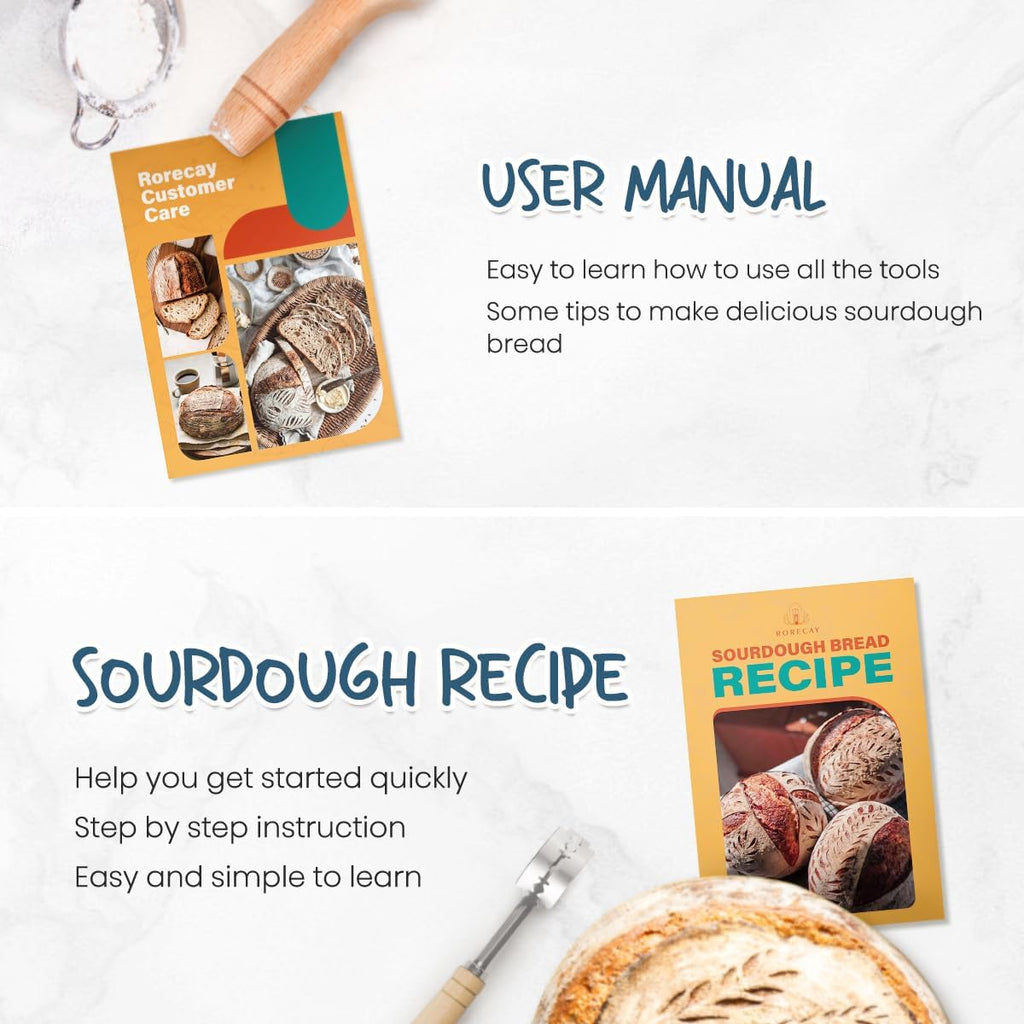 rorecay Banneton Bread Proofing Basket Sourdough Bread Baking Supplies, 9 Inch Round + 10 Inch Oval Proofing Bowls with Dough Whisk Bread Lame Dough Scraper Bread Making Tools and Accessories Set