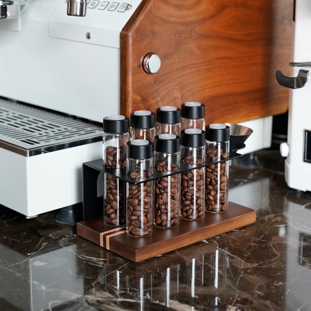 watchget Coffee Bean Storage Tubes Single Dose Coffee Bean Cellars 8 Pcs with One-way Exhaust Valve Sealed Airtight Coffee Bean Storage Jars with Hopper, Wooden Display Stand, A
