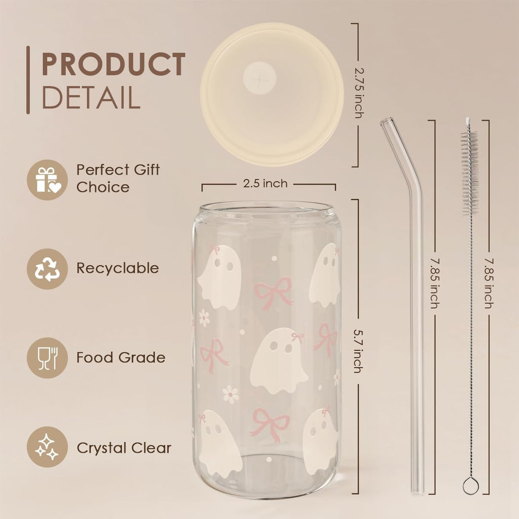 Halloween 16oz Can Glass Tumbler with Acrylic Lid & Straw, Iced Coffee Cup for Women Girls, Aesthetic Cups Gifts for Party