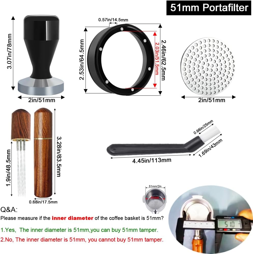 51mm Espresso Tamper Set, 5PCS Coffee Tamper Kit with WDT Tool, Coffee Stirrer, Dosing Funnel, Puck Screen 51mm Espresso Accessories Tampers Kit (Black)