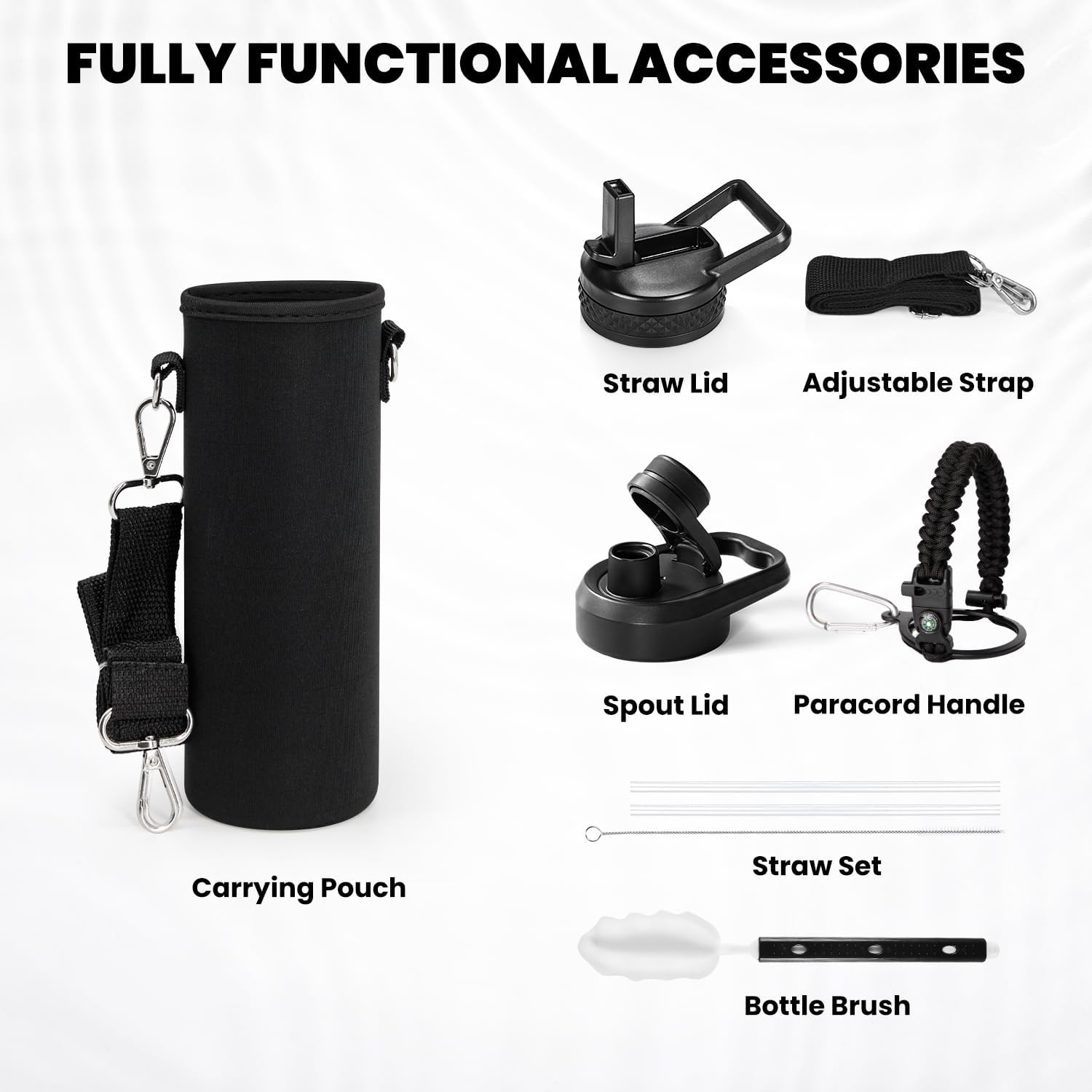 Insulated Water Bottle 24oz, Triple Wall Vacuum Stainless Steel (Cold for 48 Hrs, Hot for 24Hrs), Leak Proof & Non-BPA, 24oz Hydro Water Flask with Paracord Handle & Straw Spout Lids