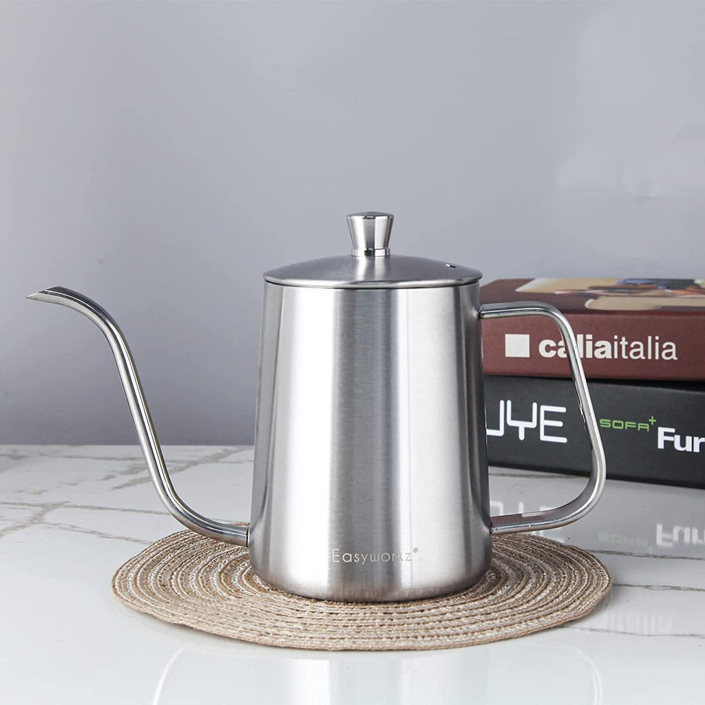 Easyworkz Gage Gooseneck Pour Over Coffee Kettle 20 oz Stainless Steel Hand Drip Long Narrow Spout, Silver