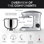 9.5 Qt Stand Mixer, 10-Speed Tilt-Head Food Mixer, Vezzio 660W Kitchen Electric Mixer with Stainless Steel Bowl, Dishwasher-Safe Attachments for Most Home Cooks(Silver)