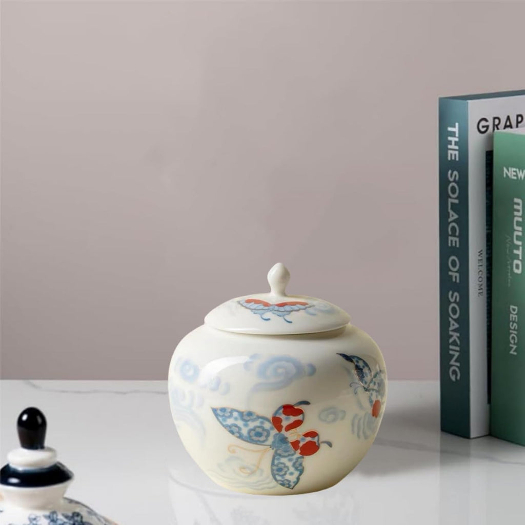 Butterflies Small Ginger Jar - 3.5 inches white decorative Ceramic Ginger jars with Lid， chinoiserie gift small jars for Home decor/jewelry/Tea/coffee beans/Storage