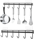 Myfolrena Adhesive Kitchen Hooks Utensil Hanger Holder Hanging Rack 2 Pack, Hanging Rack Wall Mounted Kitchen Rail for Spoons Pot Coffee Mug Cups Tags(Black)