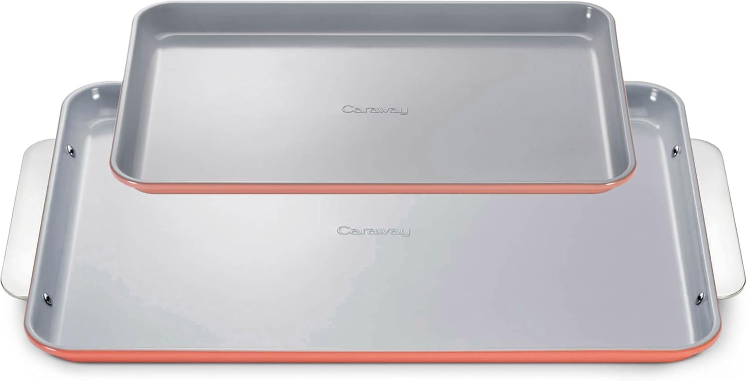Caraway Non-Stick Ceramic Baking Sheet Duo - Naturally Slick Ceramic Coating - Non-Toxic, PTFE & PFOA Free - 18 x 13" Large & 15 x 10" Medium - Perracotta