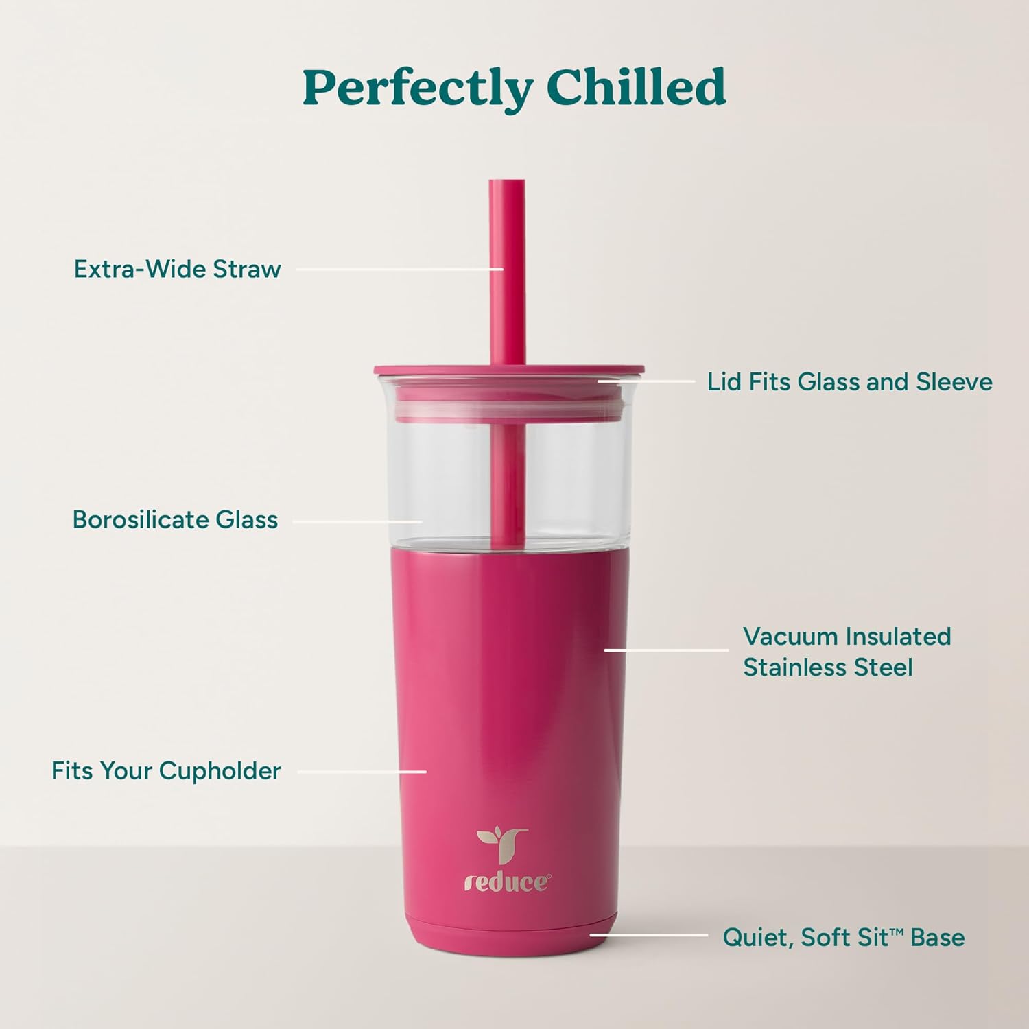 REDUCE Aspen 20 oz Vacuum Insulated Glass Tumbler with Lid & Extra Wide Straw - Keeps Drinks Cold for 12 Hrs - Ideal for Iced Coffee, Smoothies & Boba - Dishwasher Safe, Soft Base - Dragonfruit