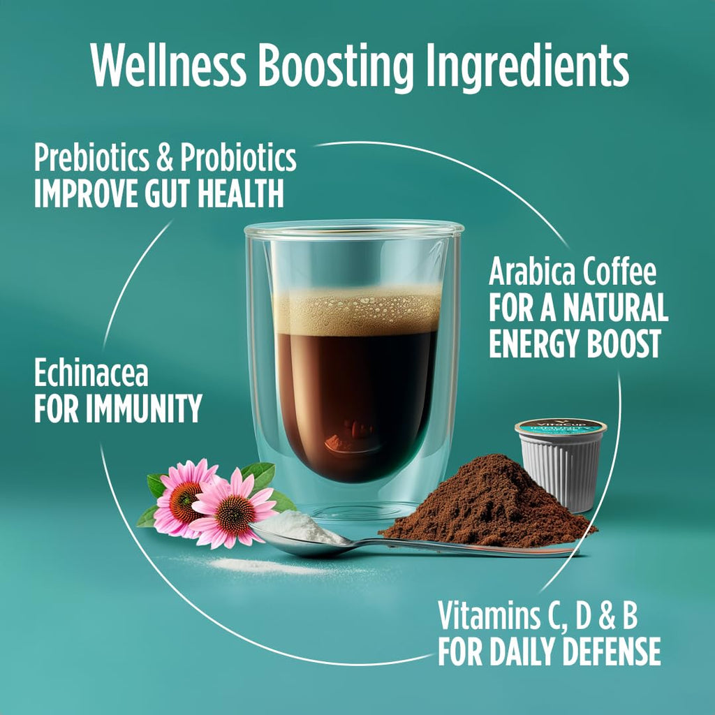 VitaCup Immunity Coffee Pods, Wellness Boost with Antioxidants, Echinacea, Probiotics, Vitamin C & D3, Medium Dark Roast, Recyclable Single Serve Pod Compatible with Keurig K-Cup Brewers,16 Ct