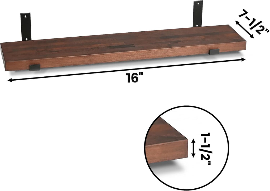 CONSDAN Floating Shelves for Wall Mounted Book Shelf Hanging Shelves Floating Bookshelf for Bedroom, Bathroom, Living Room, Kitchen USA Grown Solid Hardwood, Dark Maple 16x7.5x1.5 in (Set of 2)