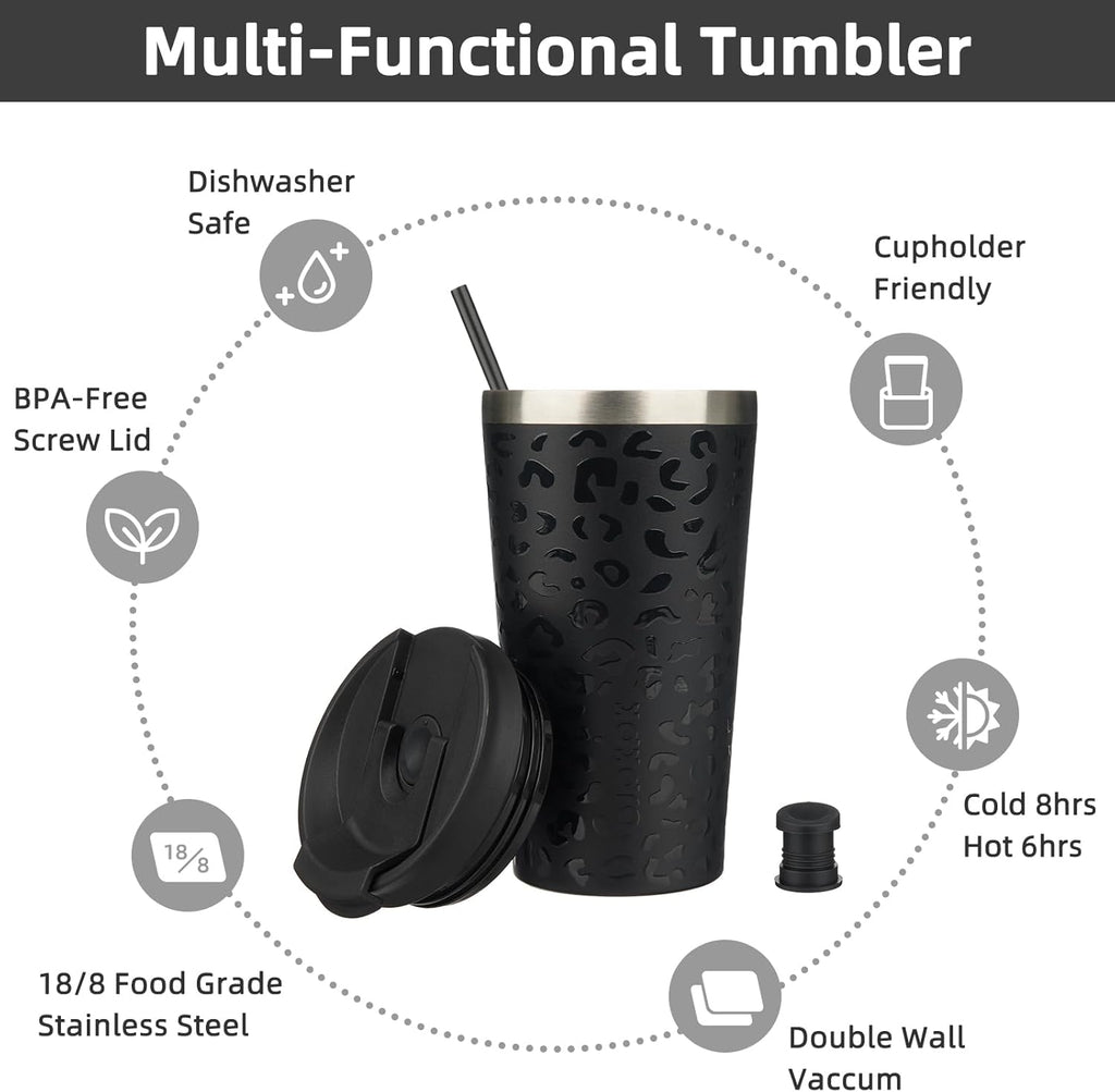 BJPKPK 18oz Insulated Tumbler With lid And Straw Stainless Steel Tumblers Travel Coffee Mug Reusable Thermal Cup,Black Leopard