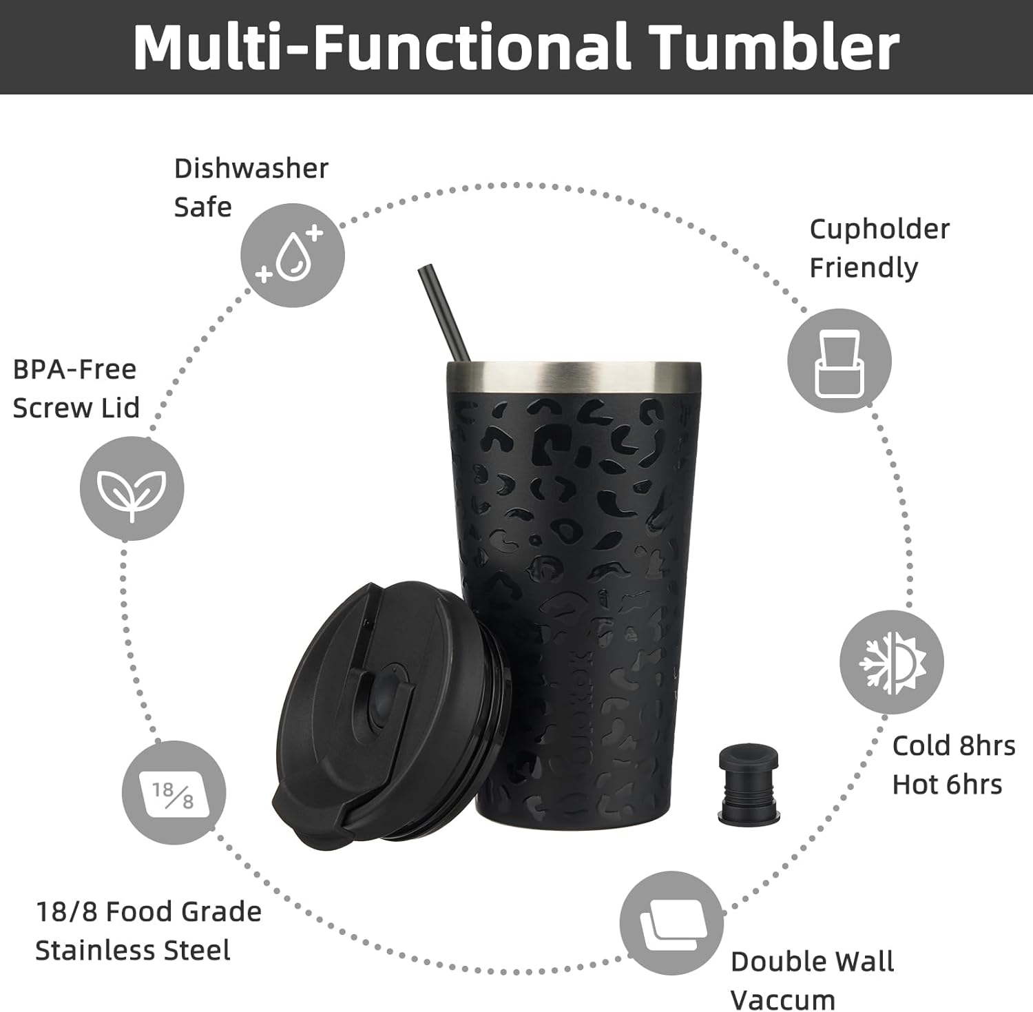 BJPKPK 18oz Insulated Tumbler With lid And Straw Stainless Steel Tumblers Travel Coffee Mug Reusable Thermal Cup,Black Leopard