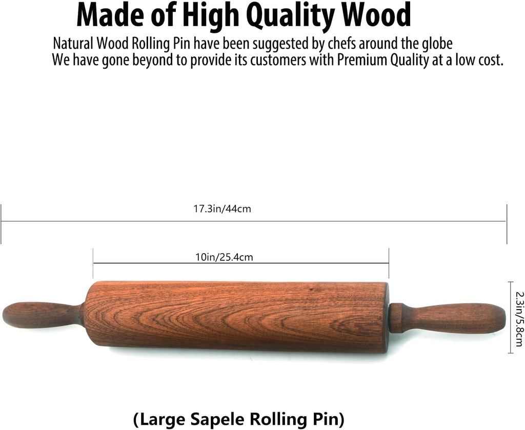 Classic Sapele Wooden Rolling Pin With Handles,Wood Baking Roller Large (17.3"L x 2.3"W)