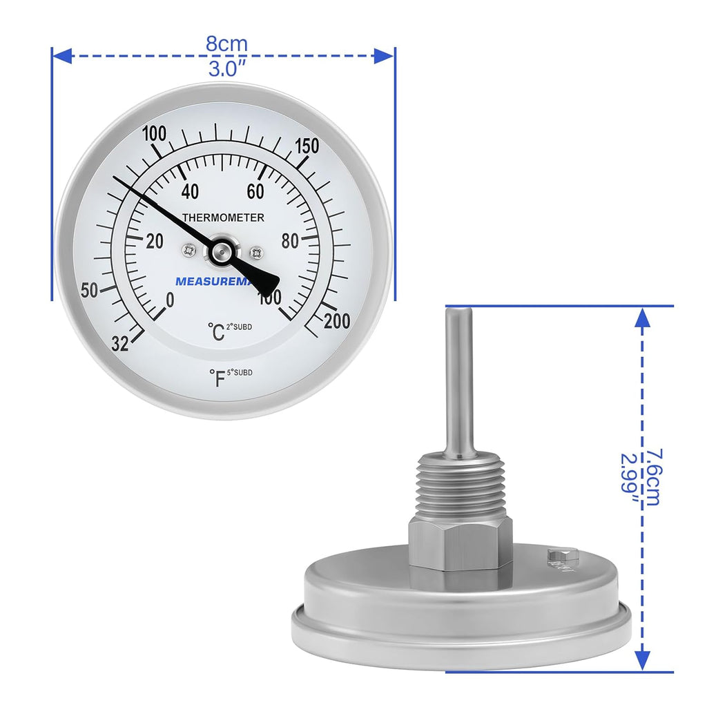MEASUREMAN Hot Water Thermometer, 3" Dial, 2" Lead-Free Brass Stem, 32-212F/0-100C Range, 2% Accuracy, Adjustable, 1/2" NPT Back Mount