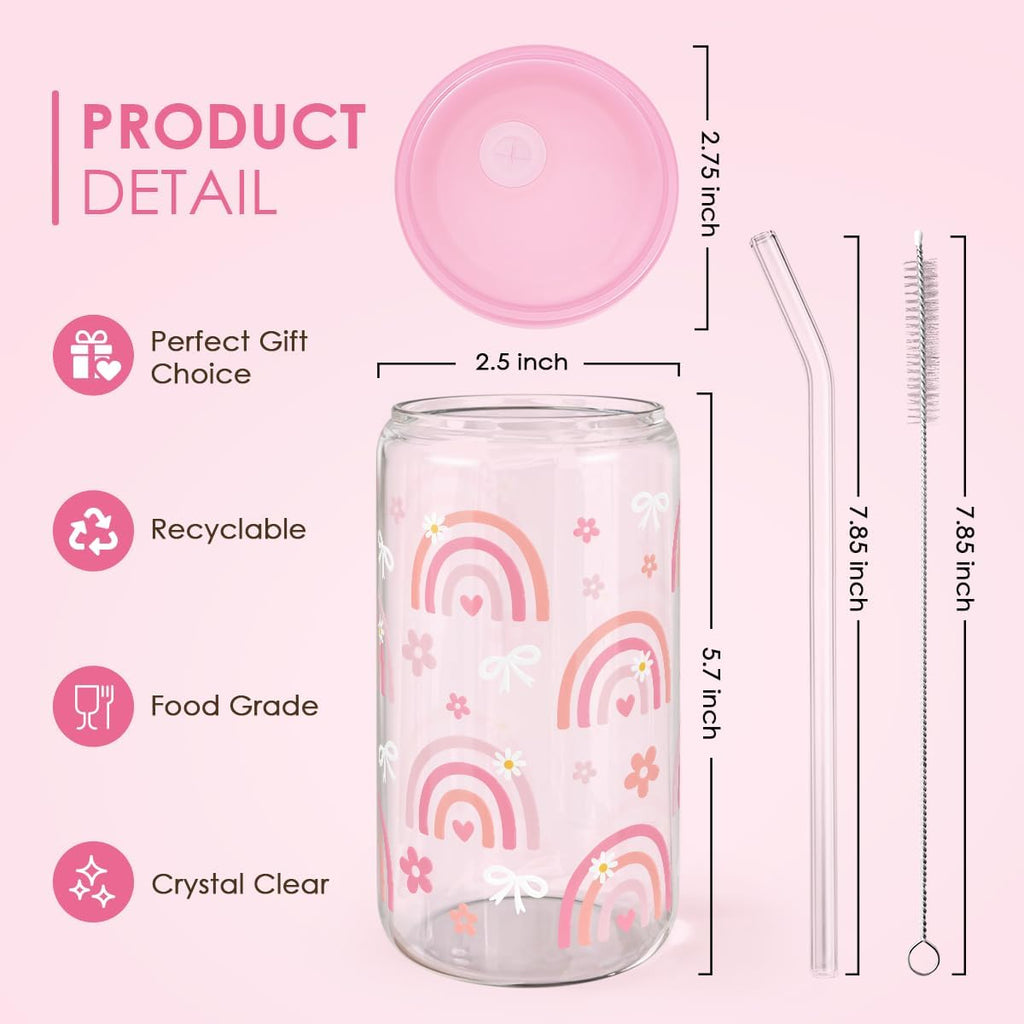 Rainbow 16oz Can Glass Tumbler with Acrylic Lid & Straw, Iced Coffee Cup for Women Girls, Aesthetic Cups Gifts for Birthday Christmas