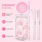 Rainbow 16oz Can Glass Tumbler with Acrylic Lid & Straw, Iced Coffee Cup for Women Girls, Aesthetic Cups Gifts for Birthday Christmas
