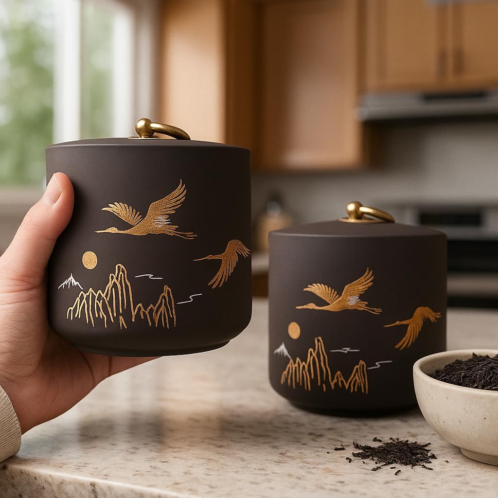 Bare & Balanced Premium Ceramic Tea Canister Set – Handcrafted Storage Jars with Airtight Lids | Crane & Mountain Design | Ideal for Tea, Coffee, Spices | Gift-Ready Box (Charcoal Brown)