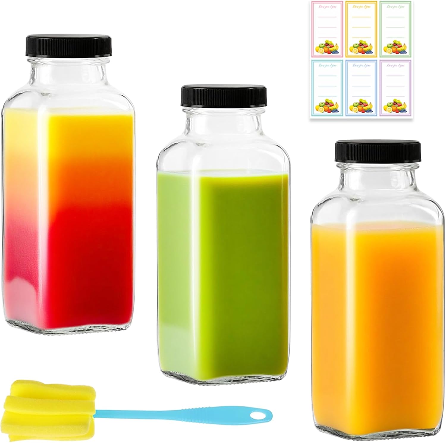 3 Pack 12oz Glass Drink Bottles with Lids, 360ml Vintage Glass Water Bottles with Caps, Reusable Juice Containers Drinking Jars for Juicing, Milk, Ginger, Kombucha, Beverage