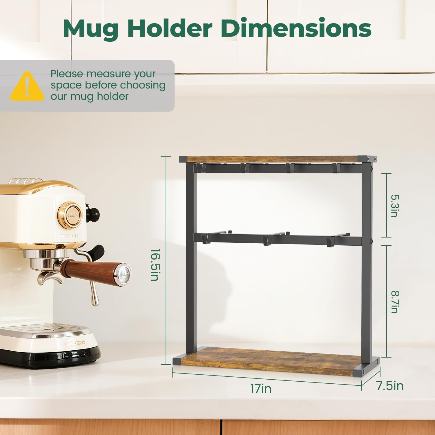 EsLuker.ly Coffee Mug Holder Cup Tree Rack for Countertop, 2 Tier Rustic Wood Coffee Bar Station Organizer Narrow Display Stand for Kitchen Office, Hold 14 Mugs with Sturdy Base, Free Up Counter Space