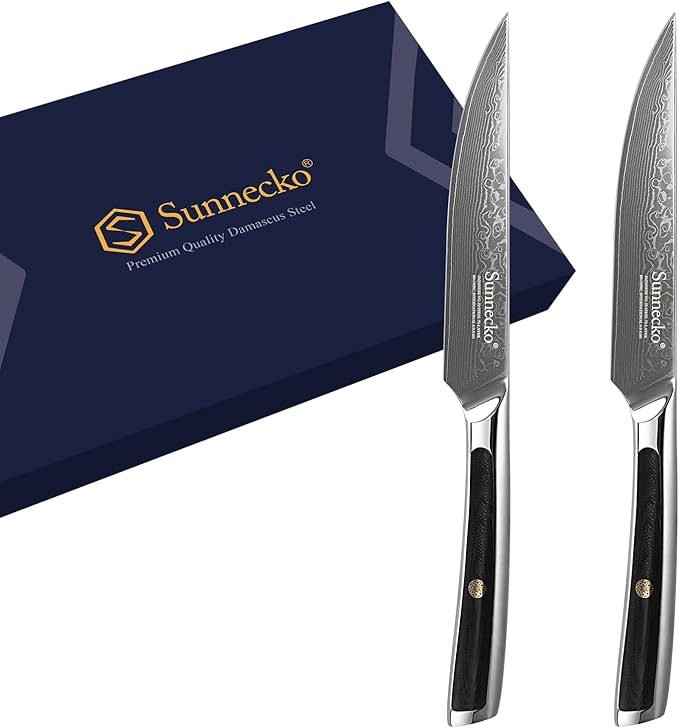Sunnecko Damascus Steak Knife Set Non Serrated, Japanese VG10 Stainless Steel Steak Knife and Fork Set of 2, 5 Inch Steak Knives G10 Handle with Gift Box