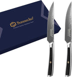Sunnecko Damascus Steak Knife Set Non Serrated, Japanese VG10 Stainless Steel Steak Knife and Fork Set of 2, 5 Inch Steak Knives G10 Handle with Gift Box
