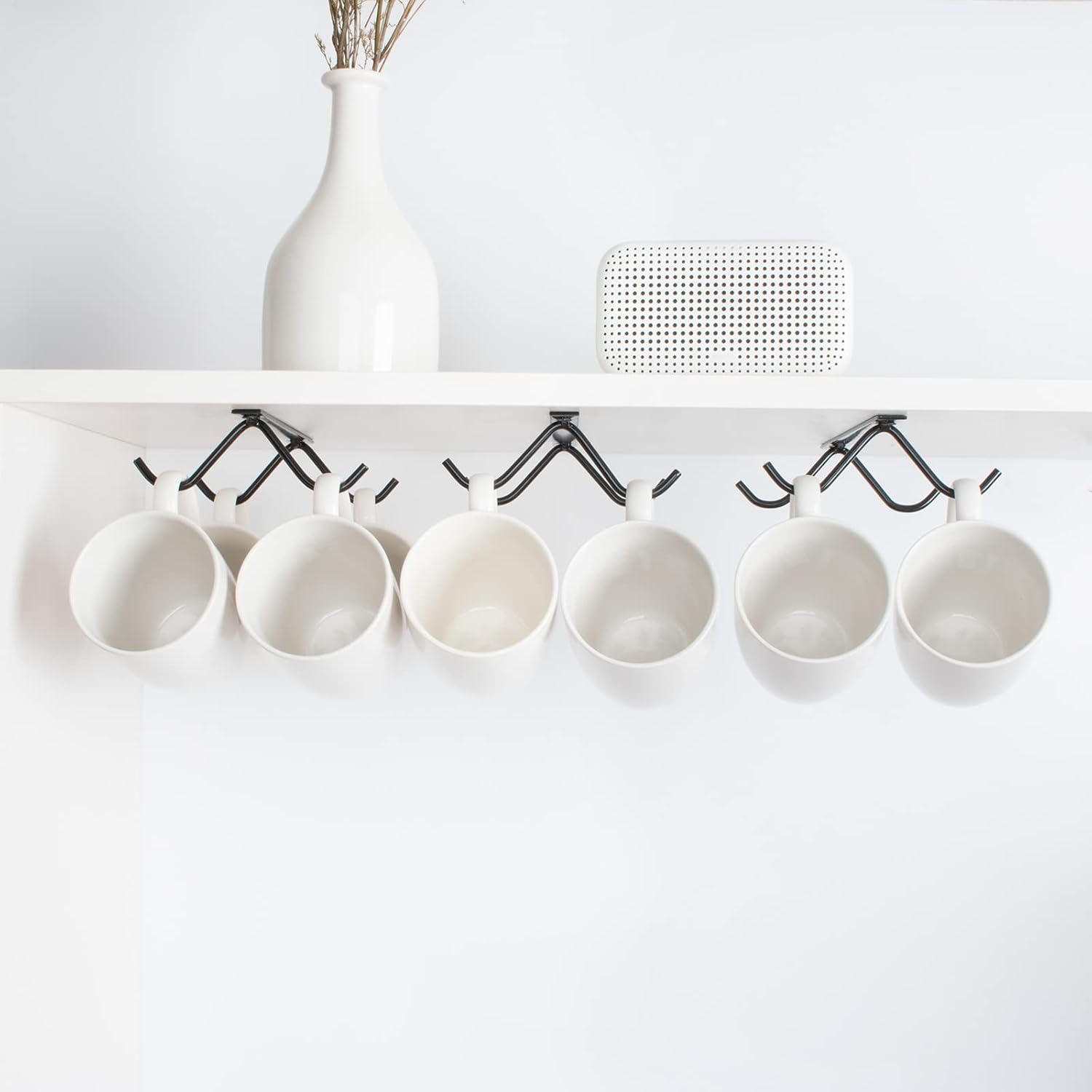 Cabinet Hook Mug Holder - Hanging Coffee Cup Rack for Kitchen, Under Cabinets Metal Hangers Organizer Shelf Storage Utensil （Black）