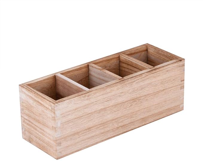 WuGeShop Wood Cutlery Caddy, Kitchen Utensil Organizer with 4 Compartments, Silverware Storage Kitchen Countertop Flatware Organizer