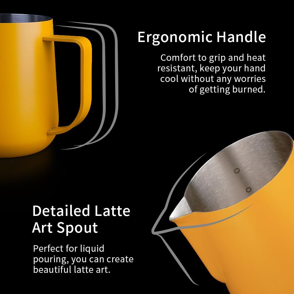 watchget Milk Frothing Pitcher 500ml/17oz Espresso Steaming Pitcher with Matte Yellow Coating Stainless Steel Milk Steamer Jug Milk Frothing Cup, Yellow