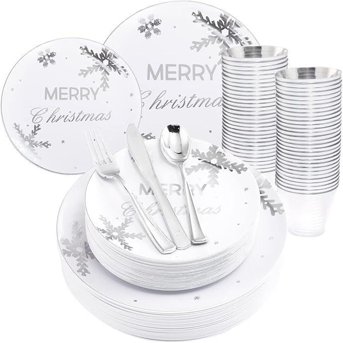 KIRE 25 Guest Christmas Plates - White Plastic with Silver Snowflake Design, Disposable Silverware & Clear Cups for Christmas Party Supplies