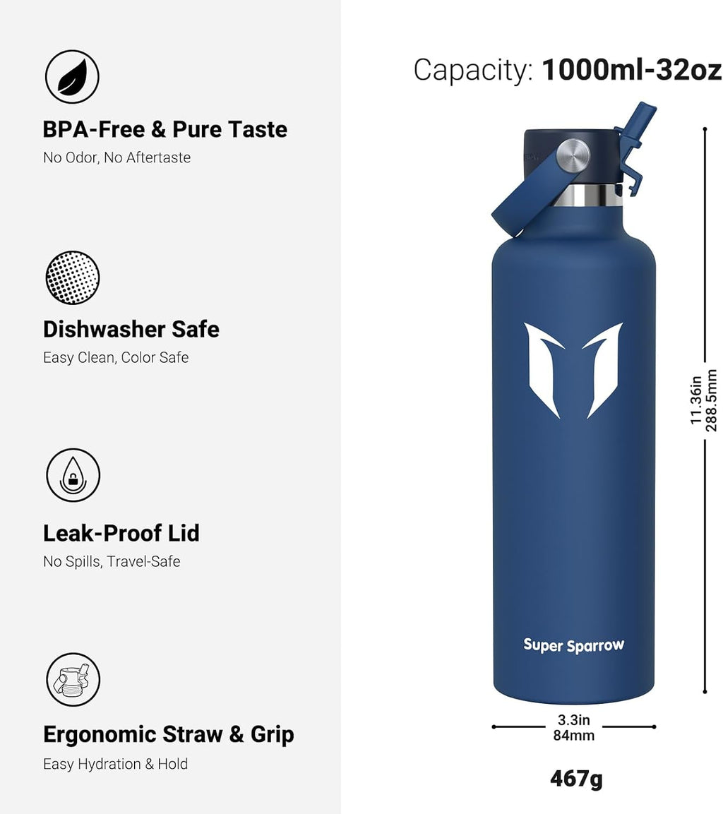 Super Sparrow Insulated Water Bottle - 17 Oz / 25 Oz / 32 Oz - Standard Mouth FlipFlow Flask - BPA Free, Leak Proof Drink Bottle- Ergonomic Straw Water Bottles for Work, Gym, Travel, Sports