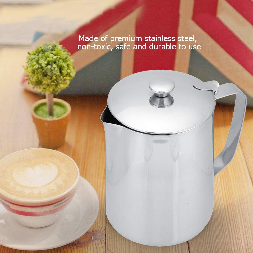 Stainless Steel Coffee Steaming Pitcher - Milk Frothing Cup with Lid for Espresso Machine - Latte Coffee Art (600mL)
