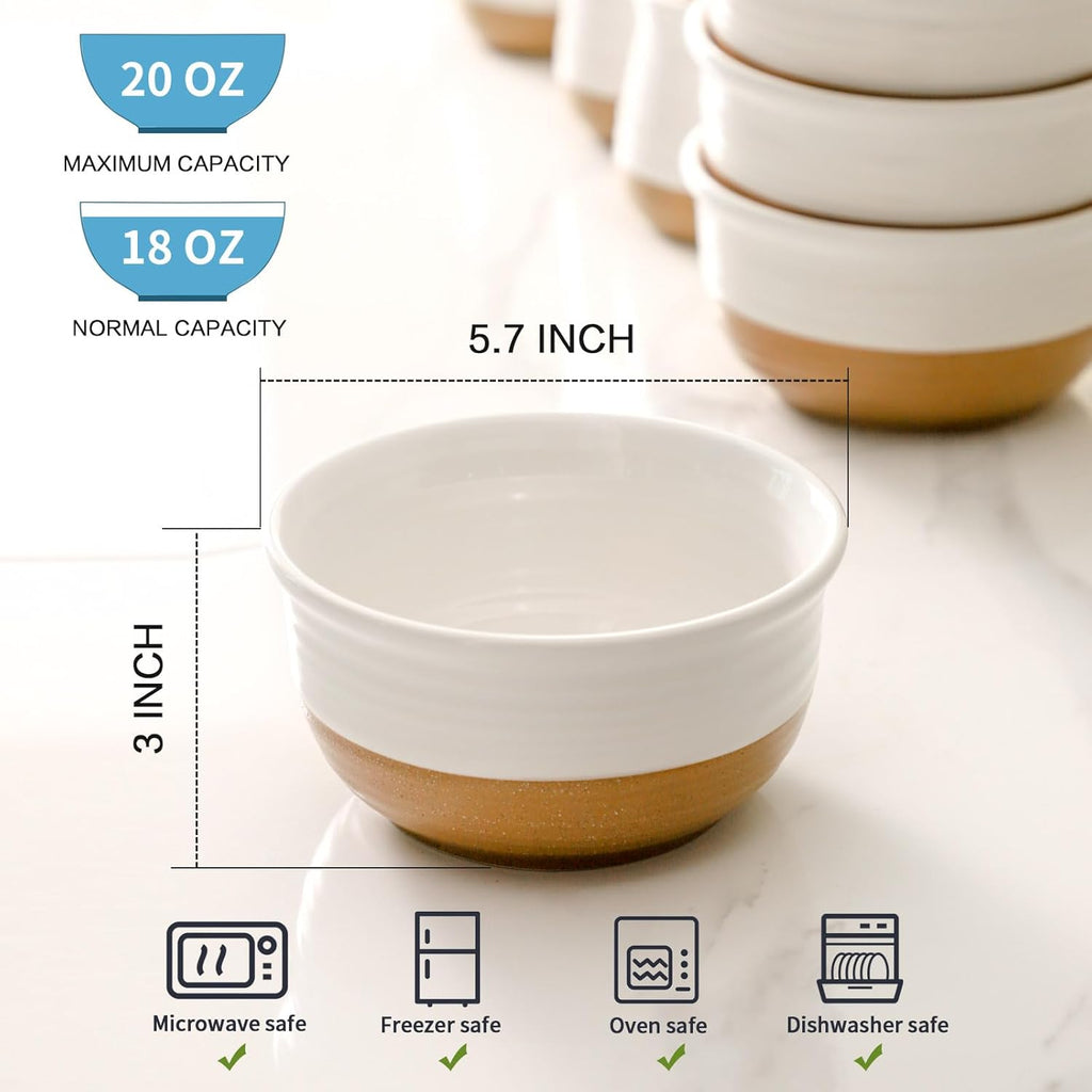Hasense Ceramic White Colorblocked Design Bowls - 20 OZ Stackable Set of 6, Dishwasher and Microwave Safe for Pasta, Oatmeal, Rice, Ice Cream