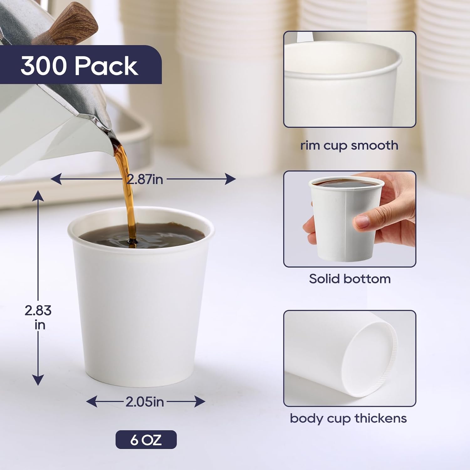 LITOPAK 300 Count 6 oz Paper Cups, Disposable White Paper Coffee Cups, Hot Beverage Drinking Cup for Coffee, Water, Juice, and Espresso