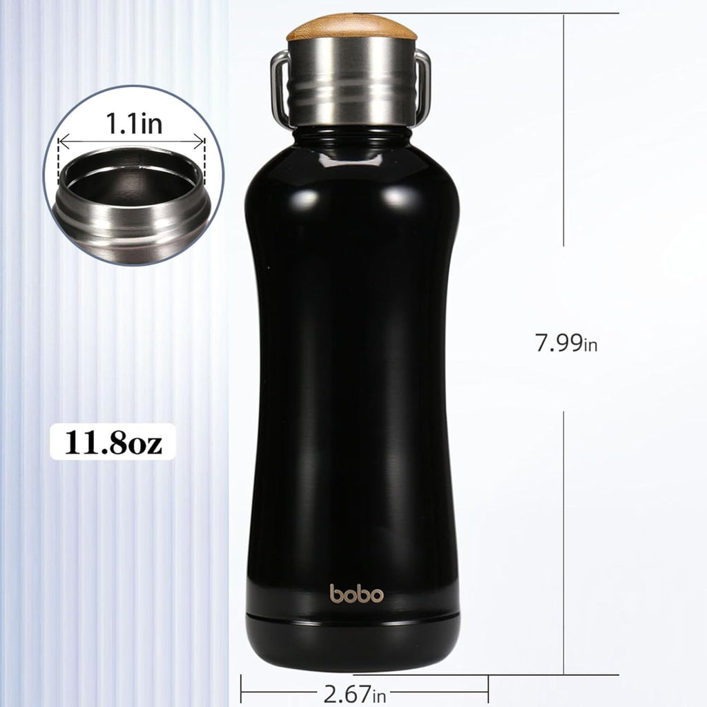 YOHKOH Mini Insulated Water Bottle With Bamboo Lid - 11.8oz Small Vacuum Insulated Water Bottle for Women Kids, 12 Hrs Hot & 24 Hrs Cold Stainless Steel Thermos Leak-Proof BPA-Free (11.8oz,Black)