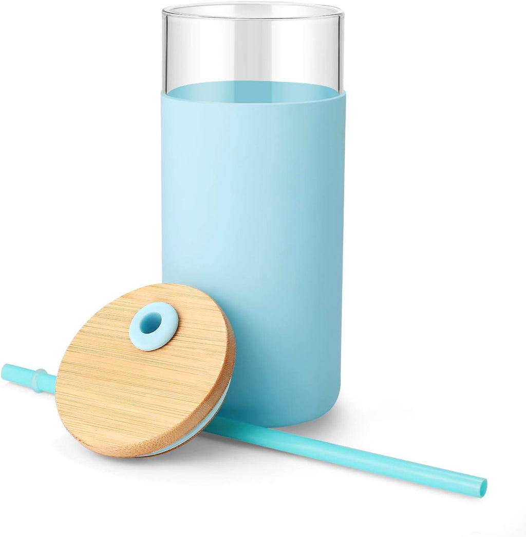 Tronco 20 oz Glass Tumbler with Lid and Straw, Reusable Iced Coffee Cup with Silicone Sleeve & Bamboo Lid, Smoothie Cup for Home,Office, for Father Men Day Gift from Wife Daughter Son (Cape Cod Blue)