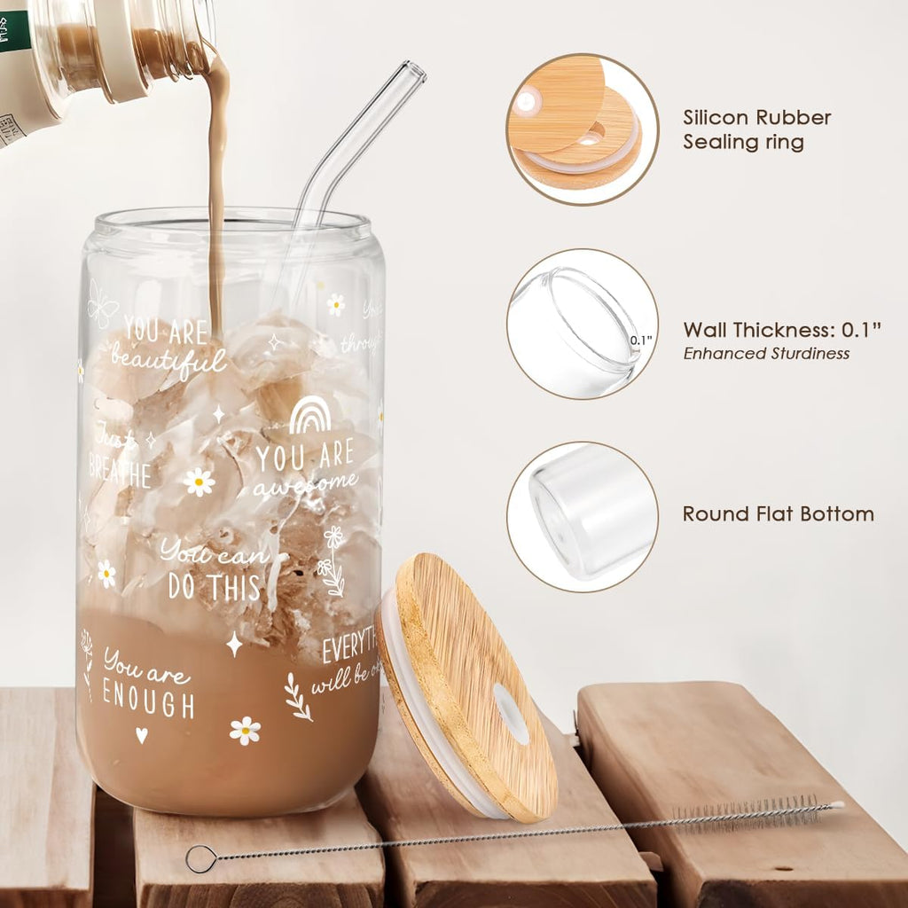 SANDJEST Inspiration Glass Can, Positive Motivational Cup with Lid & Straw, Iced Coffee Aesthetic Cups, Gift for Christmas Birthday Mother Day, Gifts for Women, 16oz