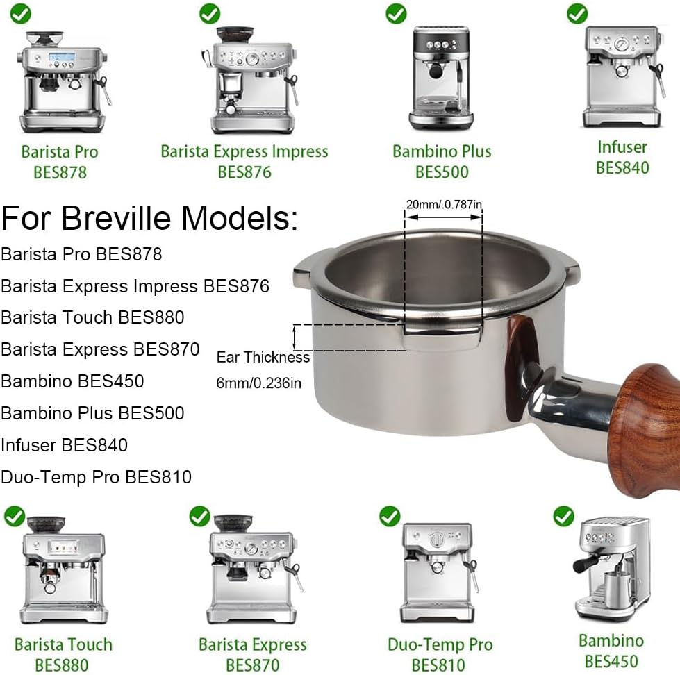 54mm Bottomless Portafilter Compatible for Breville Barista Express, Pro, Touch, Bambino, Infuser, Duo Temp and Impress | Solid Wooden Handle
