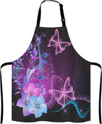 Purple Apron, Pink Purple Butterfly and Flowers Adjustable Bib Apron Kitchen Cooking Baking Gardening Apron for Women Men