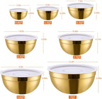 Gold Mixing Bowls with Lids Set of 7, Stainless Steel Nesting Bowl with Khaki Lid for Non-slip Mixing Prepping Storing Serving, 7 Sizes-7/3.6/2.7/2.1/1.5/1/0.8 QT